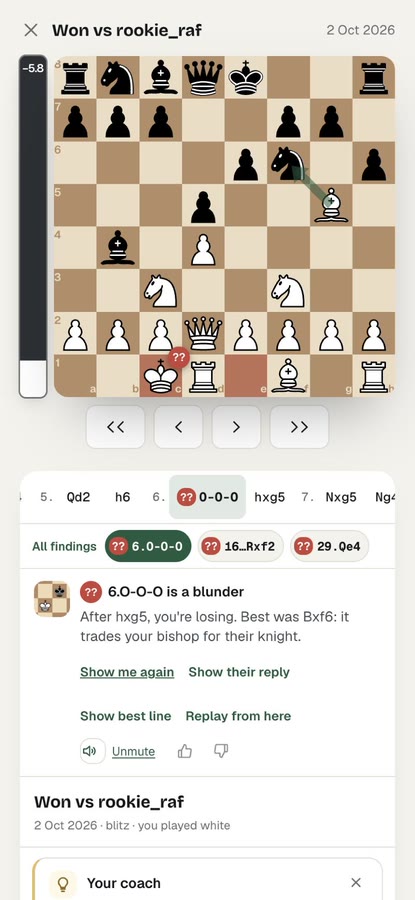 Game review: the coach explains a blunder on the board